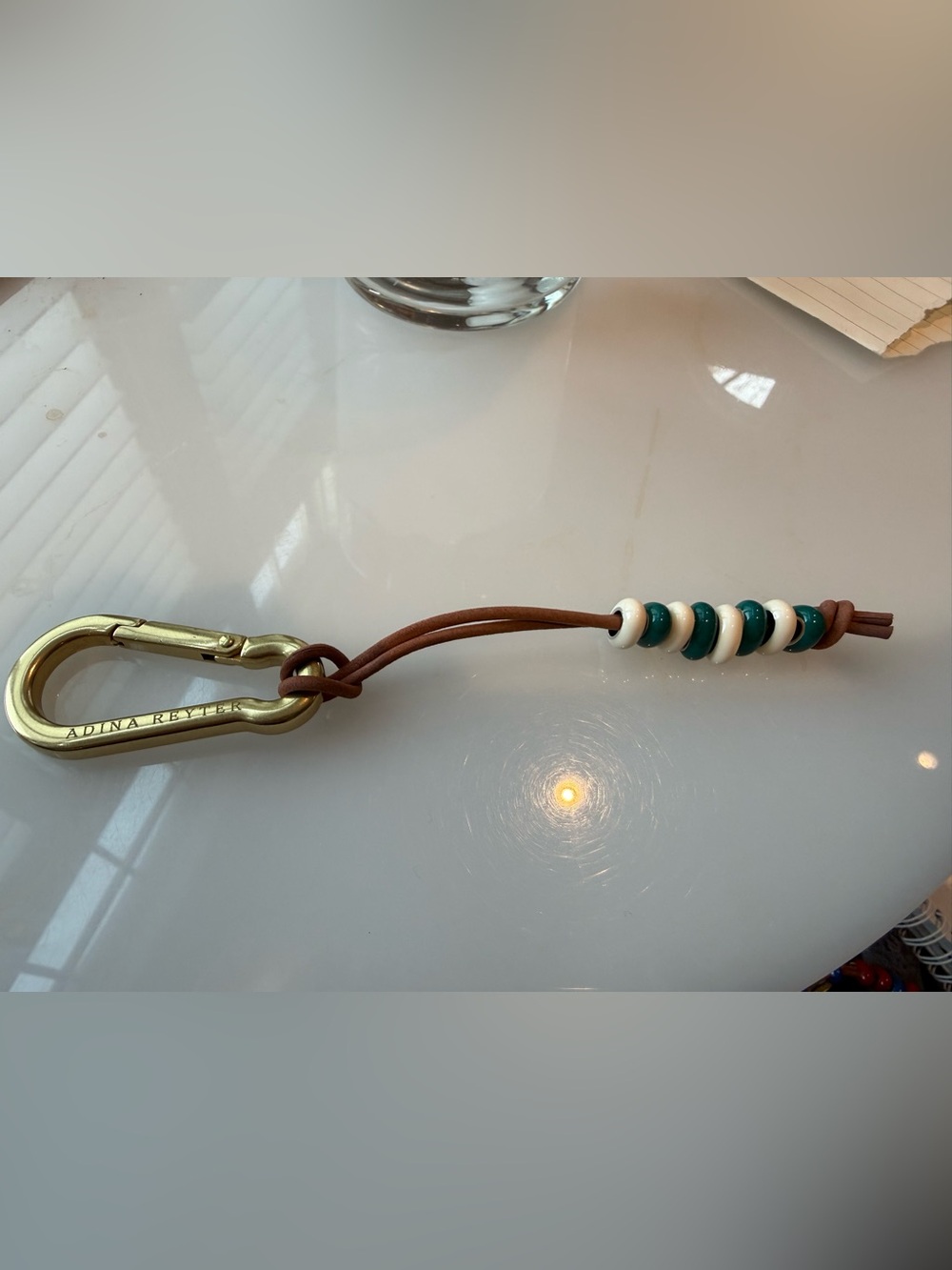 Adina Reyter Carabiner Keychain with Beaded Leather Strap - Teal & White 925